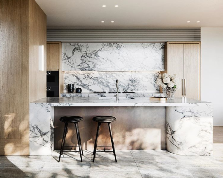 Calacutta Marble Kitchen island with curved waterfall v2