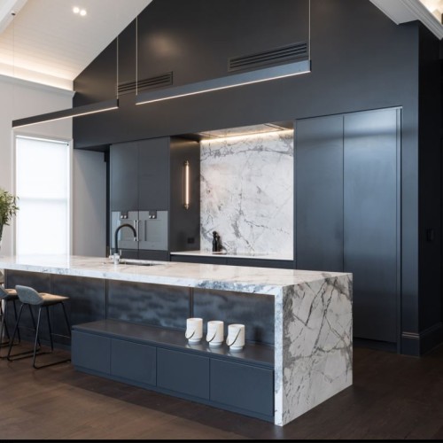 Invisible grey marble kitchen island and splashback JG