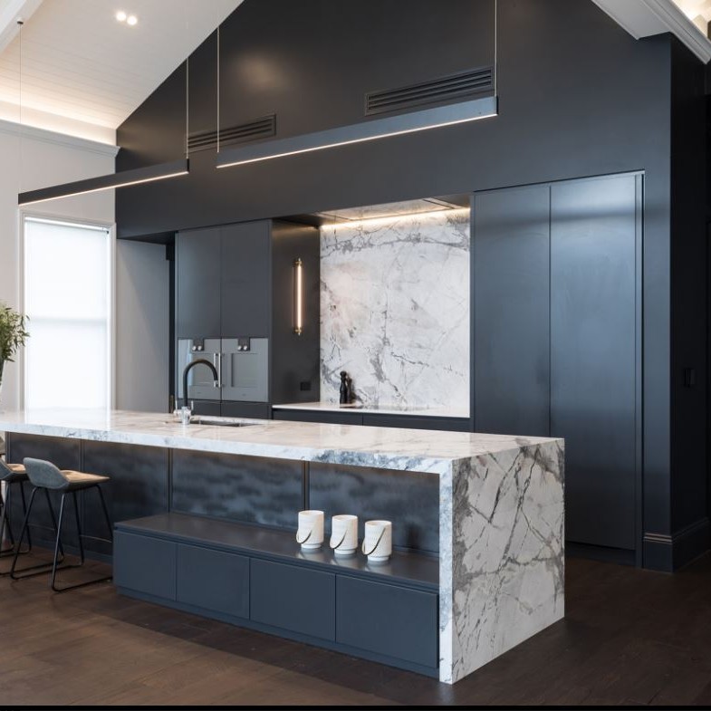 Invisible grey marble kitchen island and splashback JG