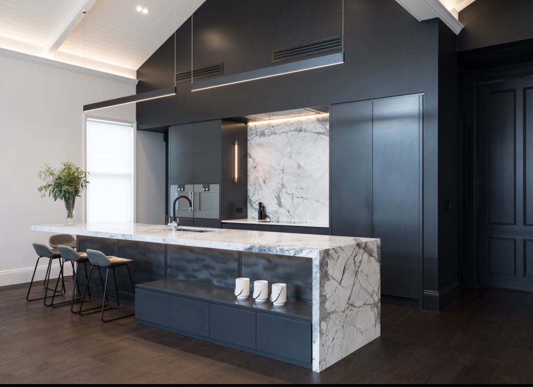 Invisible grey marble kitchen island and splashback JG