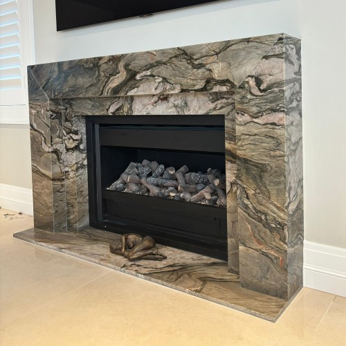 Blue Tempest quartzite fire surround hearth