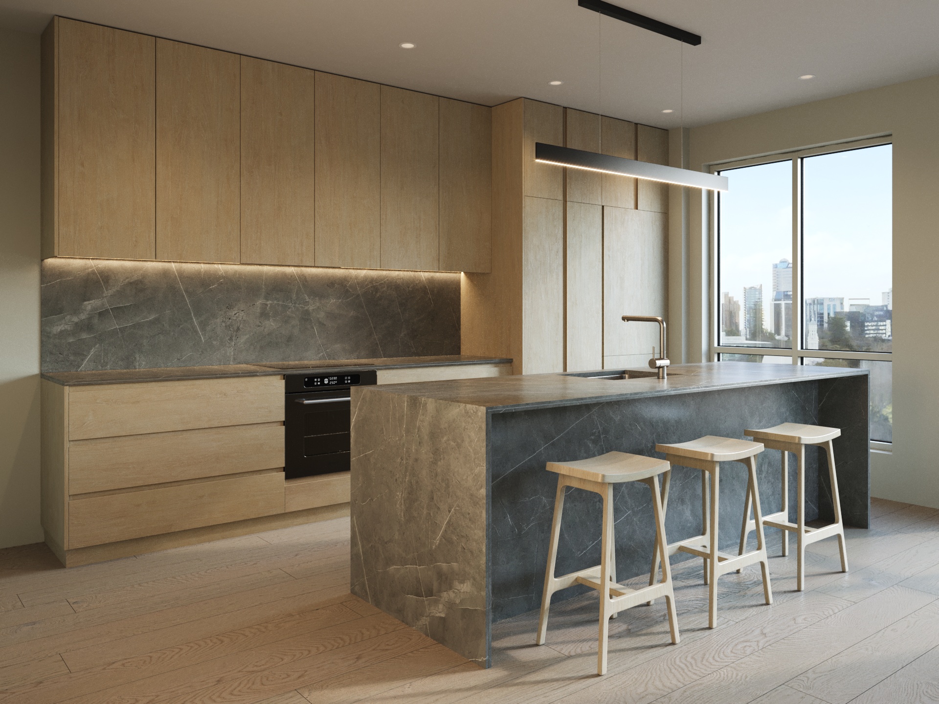 istone Storm gris kitchen island and splashback